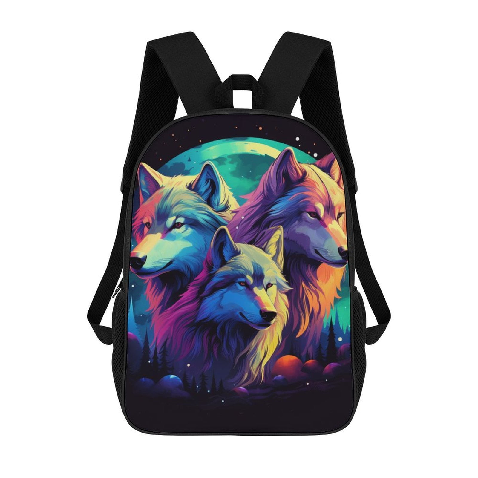 Neon Wolves Cosmic Moon Art Big Student Laptop Backpack For College ...