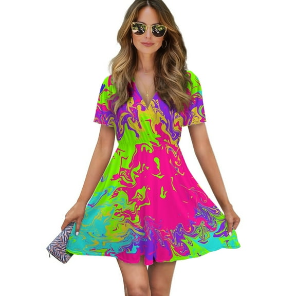 Neon Women Dress V-Neck Short Sleeve Flowy Swing Party Midi Dress