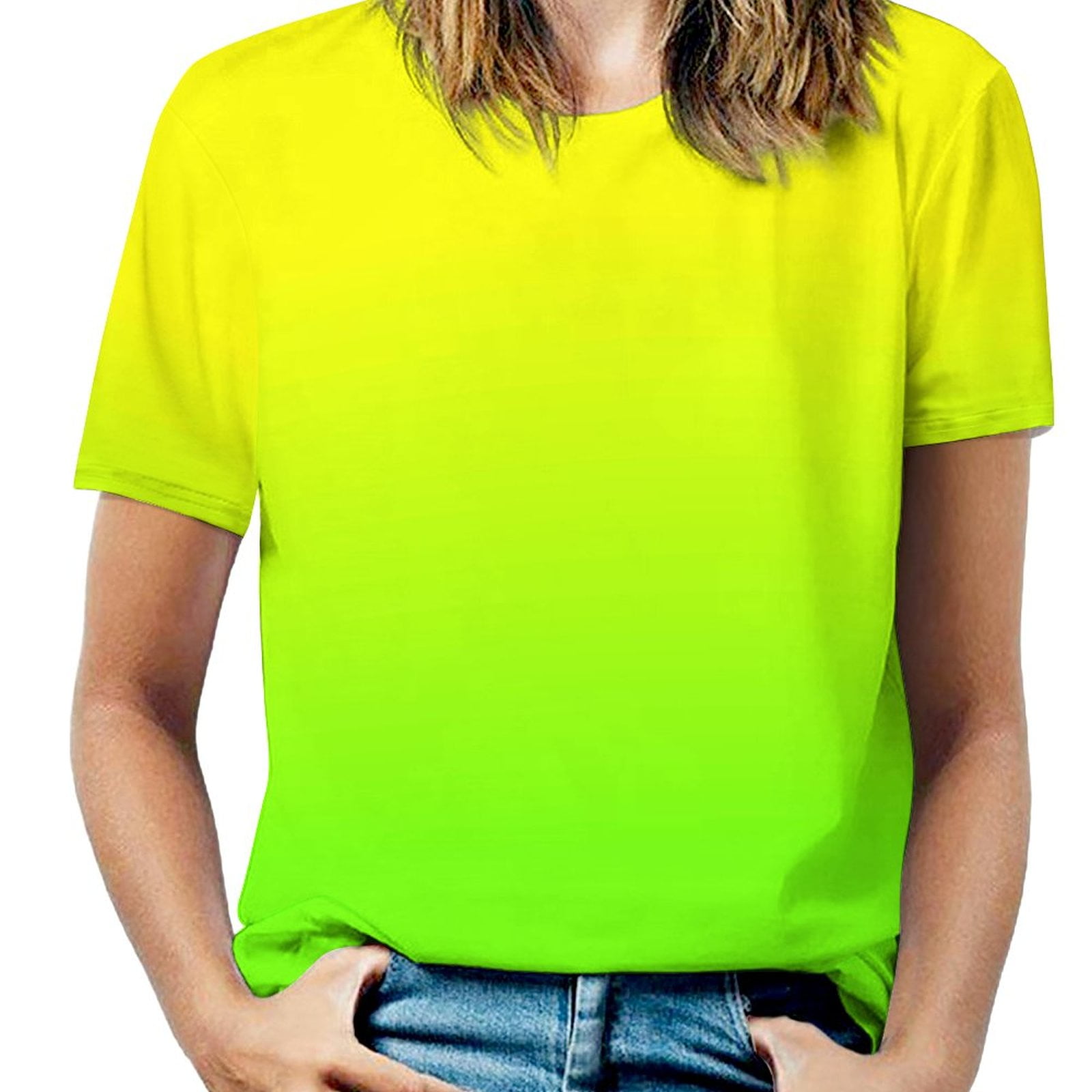 Neon Yellow And Neon Yellow Green Ombré Shade Color Fade Women Zipper  Printed Vintage T Shirts Tops Full Print T-Shirt, image size:1600x1600
