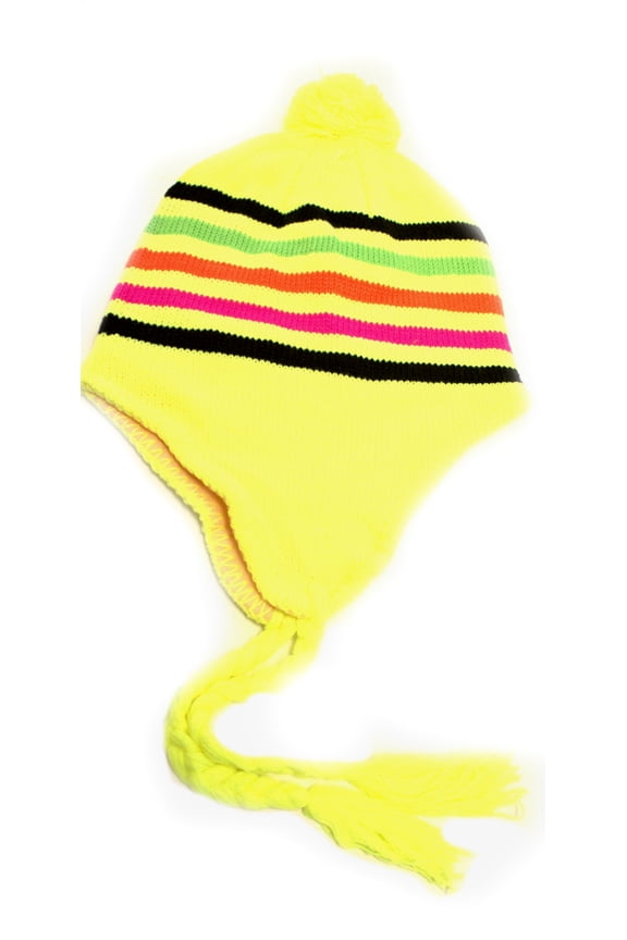 Neon Yellow Striped Tassel Pom Beanie
