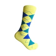 Neon Yellow with Blue and Cyan Color Mid-calf Argyle Dress Casual Socks for Men