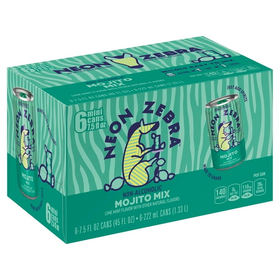 Neon Zebra Mojito Mix, Cocktail Mixers, No Artificial Sweeteners, 5% Juice, 7.5 oz Cans (6 Pack)