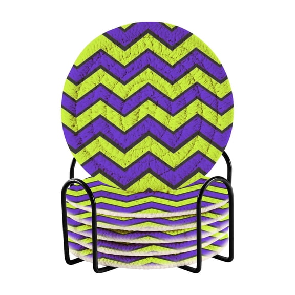 Neon Zigzag 4in Bar Coasters Set of 6 with Storage Rack Durable Heat Resistant
