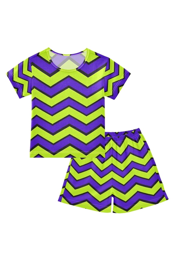 Neon Zigzag Summer Pajama Set Soft Cotton Short Sleeve Sleepwear 2PCS Pajama Sets Breathable Lounge Set Size 10Y