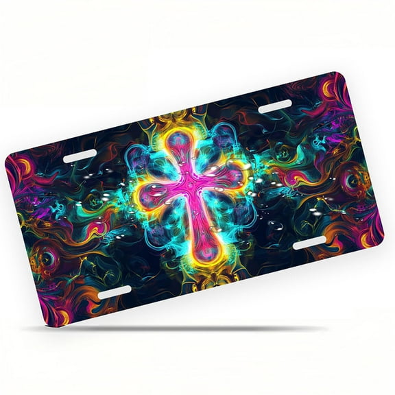 Neon colored Cross Funny Personalized License Plate Rust-proof Stainless Steel Metal License Plate Suitable For Men And Women 12.2" x 6.2"