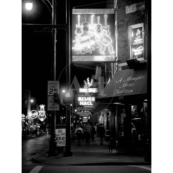 Neon sign lit up at night in a city, Rum Boogie Cafe, Beale Street, Memphis, Shelby County, Tenn, Scenic Unframed Photographic Print Wall Art Sold by ArtCom