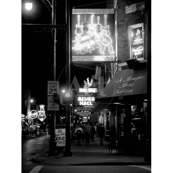 Neon sign lit up at night in a city, Rum Boogie Cafe, Beale Street, Memphis, Shelby County, Tenn, Scenic Unframed Photographic Print Wall Art Sold by ArtCom