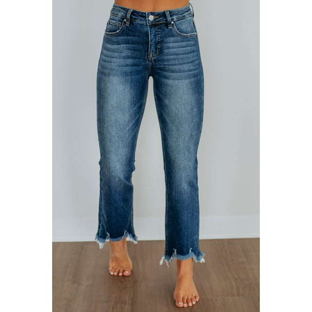 Neona Risen Women's Mid Rise Straight Leg Jeans, Raw Hem, Stretch Fit