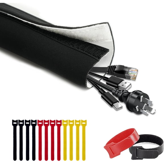 Neoprene Cable Management Sleeve 10ft (120 inch) - 1.5 inch, Velcro Cuttable Cord Organizer, Split Wire Loom Tubing Reversible Cord r for TV USB PC Ethernet Cable Hider Protect Pets Kids