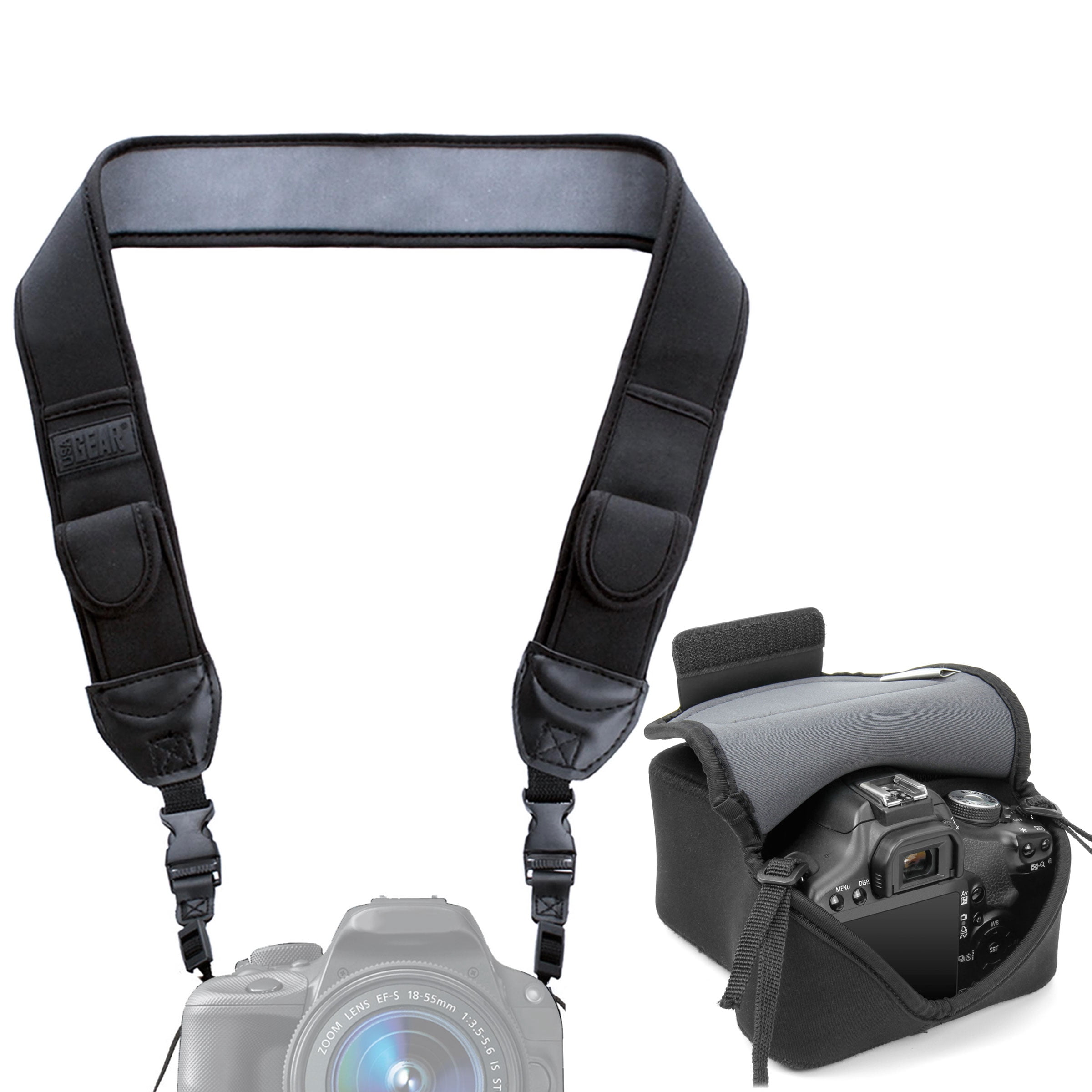 Neoprene Camera Strap and Camera Case Black with Quick Release Buckles and Accessory Storage Pockets by USA Gear - Works with Canon , Fujifilm , Nikon , Olympus , Sony and More Cameras