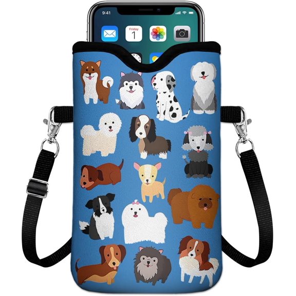 Neoprene Cell Phone Sleeve Pouch Case Bag with Crossbody Strap Lanyard for Women Men 7.6 X 4.3 Inches-Cute Dogs Shockproof Universal Phone Bag