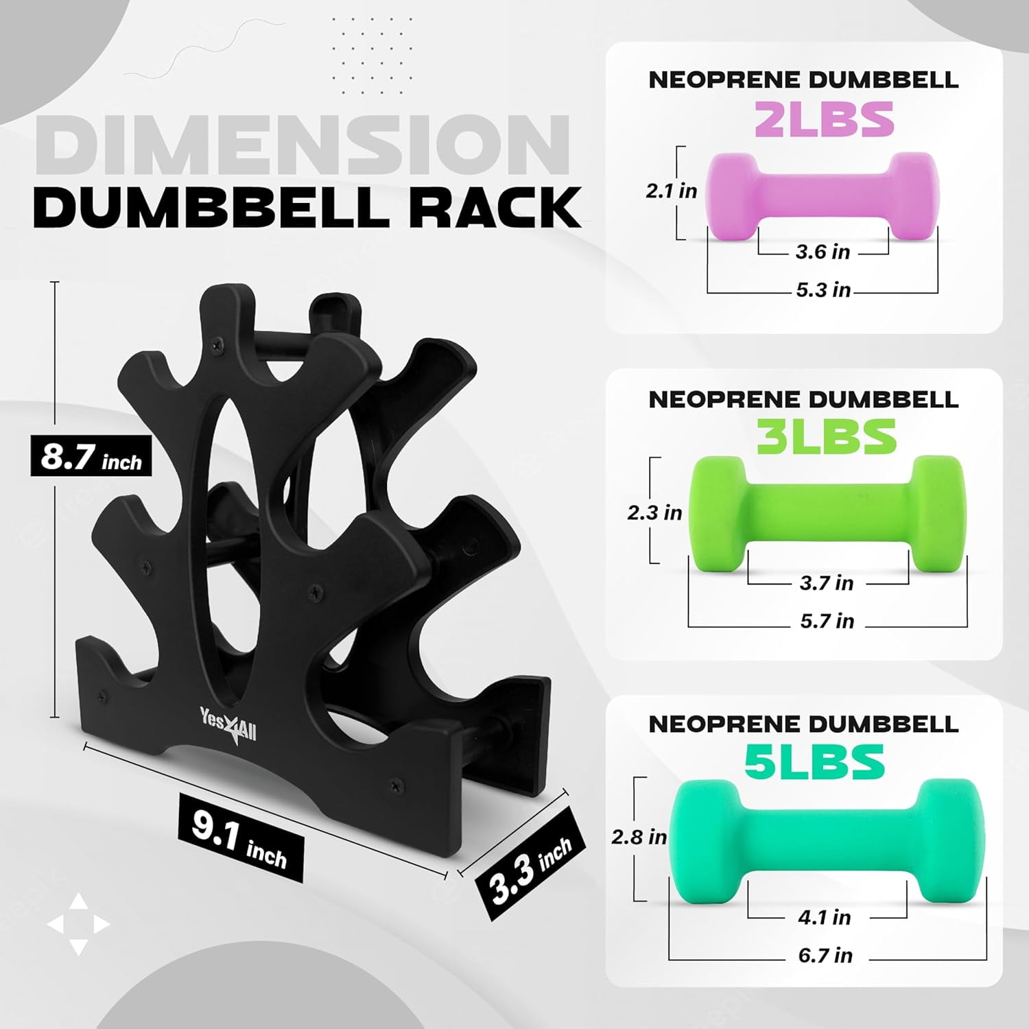 Neoprene Coated Adjustable Dumbbell Set with Rack - 2/3/5lb Hex Weights for Home Gym Strength Training
