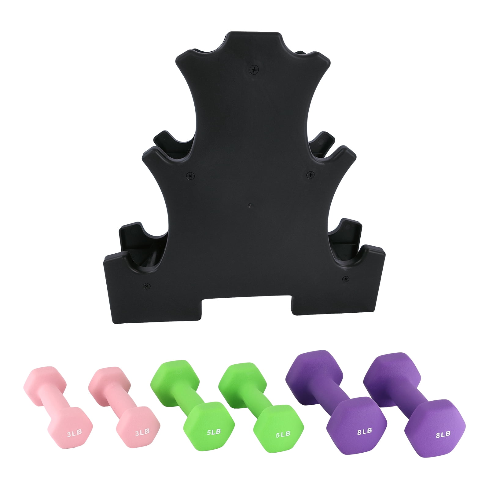Neoprene Dumbbell Set – Compact Hand Weights for Women & Kids, 3/5/8 lb Pairs – Non-Roll, Comfortable Grip, Home Gym Fitness – Includes: 3, 5, 8 lb Pairs + Black Dumbbell Rack