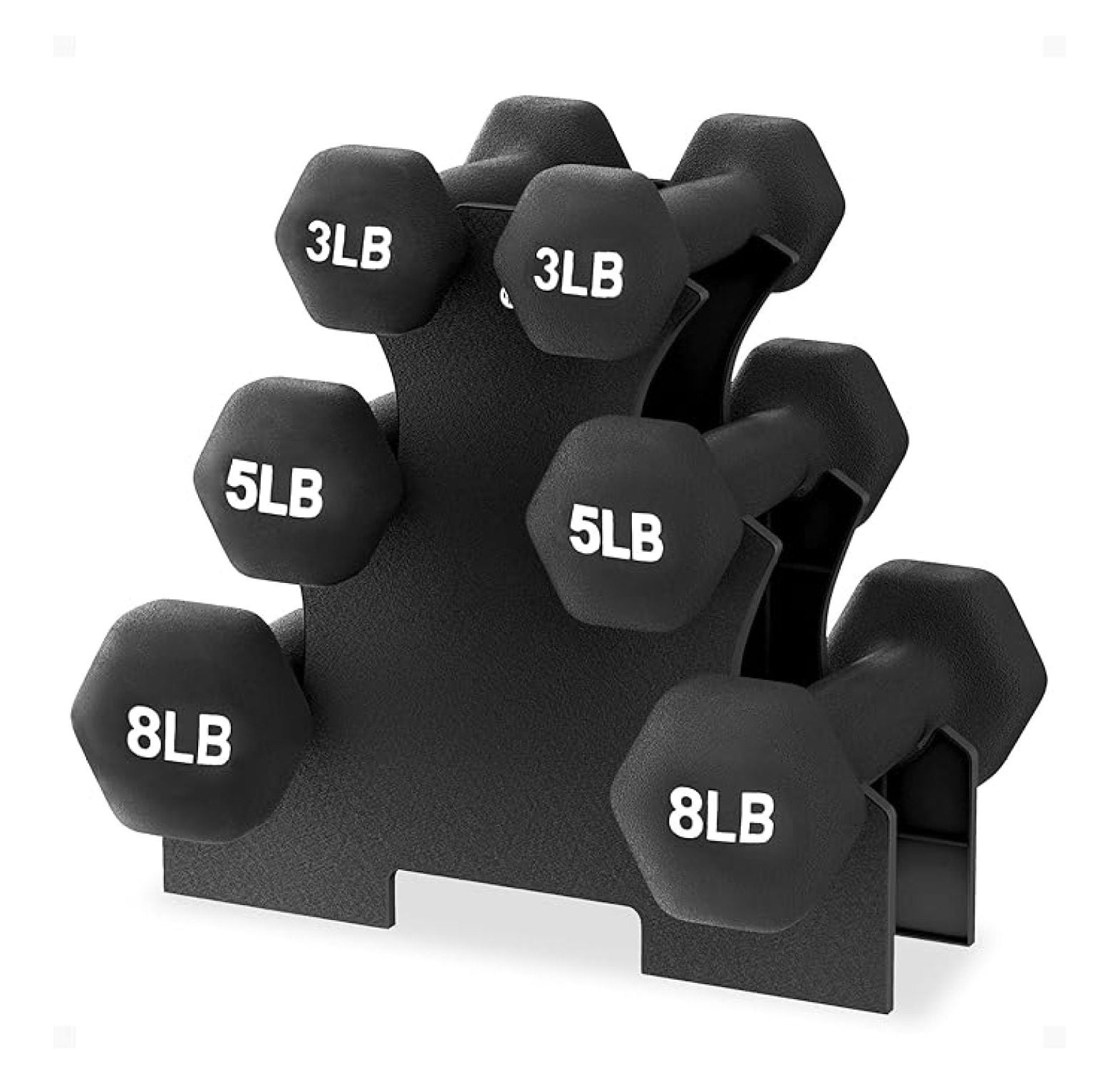 Neoprene Dumbbell Set with Stand – 32 lbs Hex Weights, Color-Coded Strength Training Set for Home Gym, Non-Slip Grip, 3-8 lb Pairs