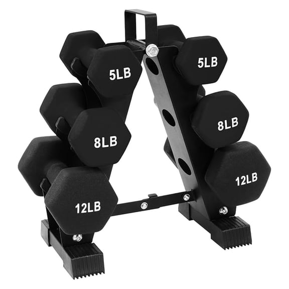 Neoprene Dumbbell Set with Stand – 50lb Hex Weights for Strength Training, Home Gym – Color Coded Non-Slip Grip, Complete 5, 8, 12lb Pairs