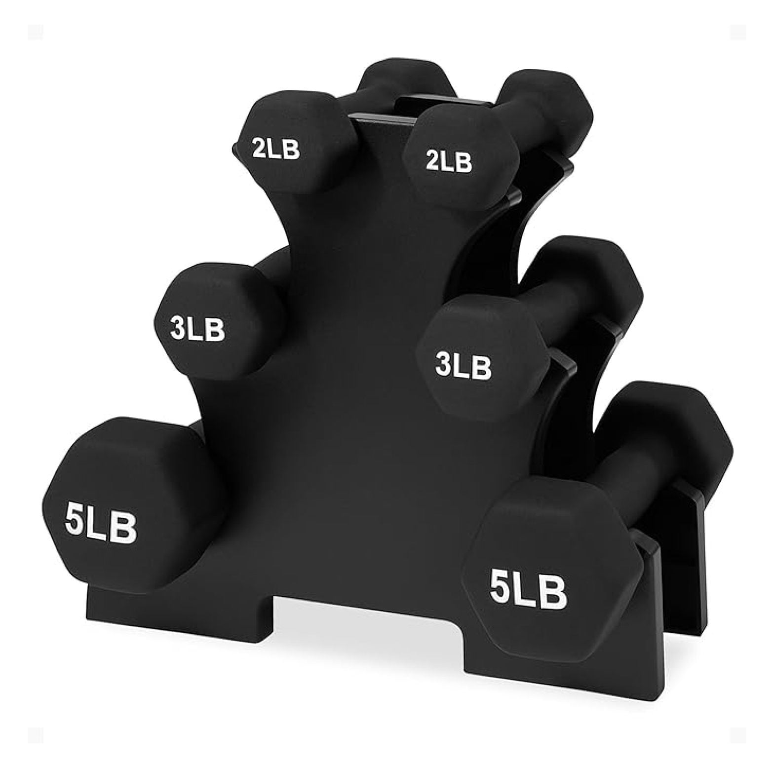 Neoprene Dumbbells Set with Stand - 2lb, 3lb, 5lb Hex Weights - Strength Training, Home Gym, Color Coded Non-Slip Grip