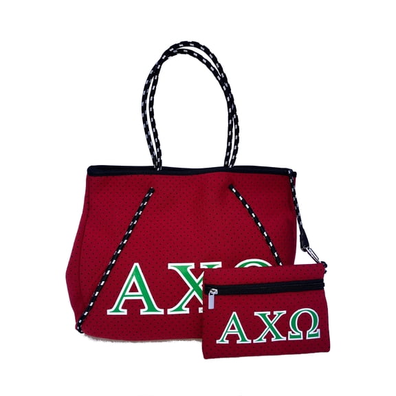 LOLLY LUELLA Women's Greek Sorority Alpha Chi Omega AXO Neoprene Tote Bag 2-Piece Set, Red