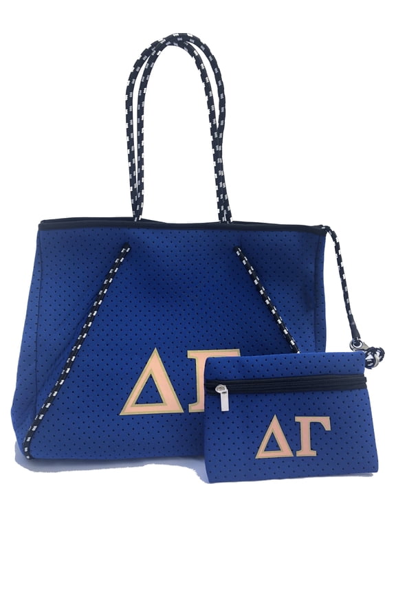 Women's Greek Sorority Delta Gamma DG Neoprene Tote Bag with Mini Detachable Pouch, Blue, 2-Piece