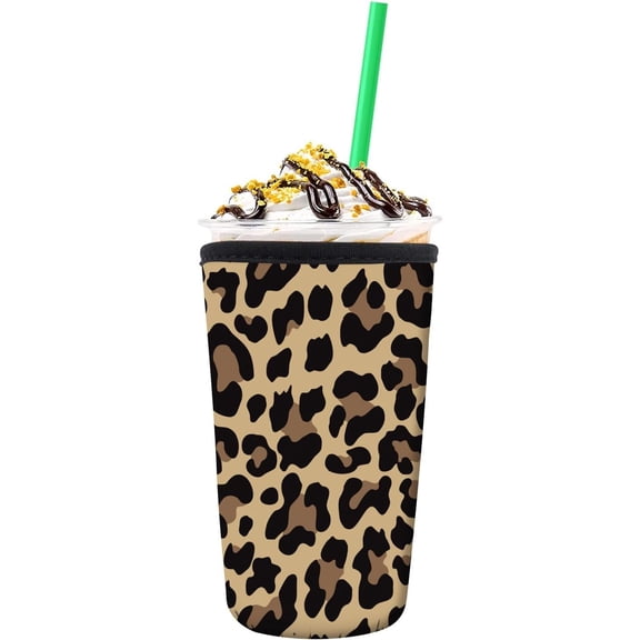 Neoprene Insulator Sleeve for Iced Coffee Cold Soda Cups, Cute Durable Drink Sleeve for Cold Beverages, Medium 22-28oz Cup Sleeve Cute Yellow Leopard