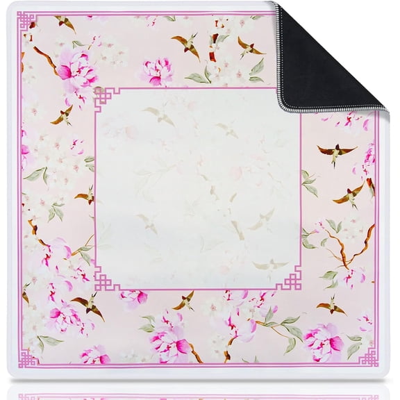 Neoprene Mahjong Mat for Table, Non-Slip, Durable, and Quiet Table Cover, Pretty Travel Mahjong Mat Pink with Floral and Bird Pattern, Perfect for Mahjong, Poker, Home Tea Rooms, Clubs