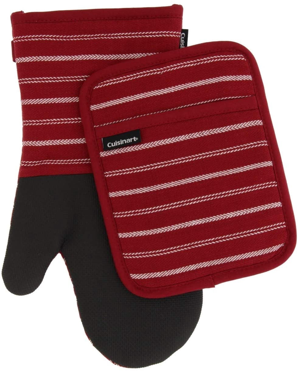 Neoprene Oven Mitts and Potholder Set-Heat Resistant Oven Gloves to Protect Hands and Surfaces with Non-Slip Grip, Hanging Loop-Ideal for Handling Hot Cookware Items, Twill Stripe Red Dahlia
