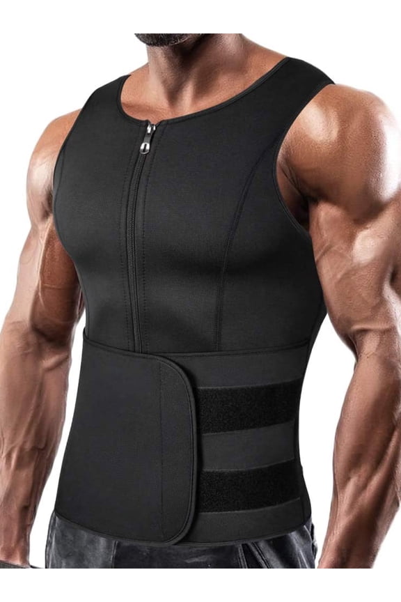Neoprene Sauna Suit for Men Zipper Waist Trainer Vest Tank Top Trimmer Body Shaper with Adjustable Single Belt