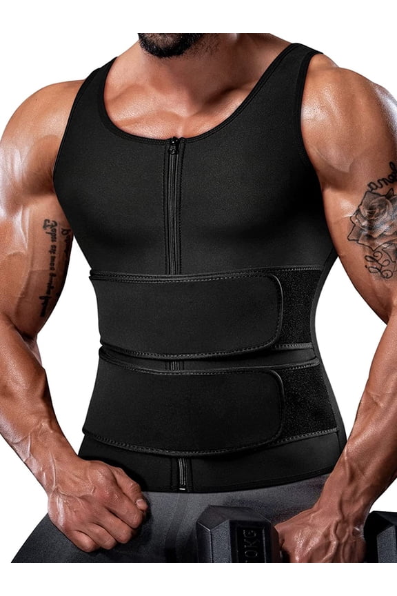 Neoprene Sauna Suit for Men Zipper Waist Trainer Vest Tank Top Trimmer Body Shaper with Adjustable Two Belts