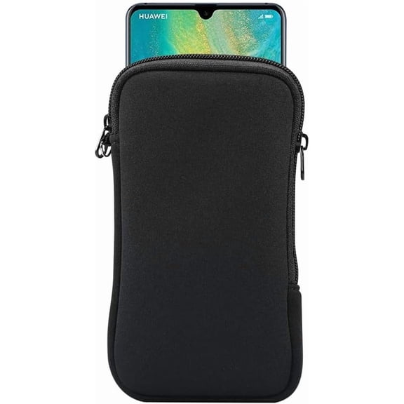 Neoprene Shock Absorbing Phone Pouch 6.8" x 3.5" Inside Sleeve with Zipper & Neck Strap Universal Smartphone Case for 6-6.9" Phones, Fits iPhone 14 Plus & Galaxy Note20 Ultra Black