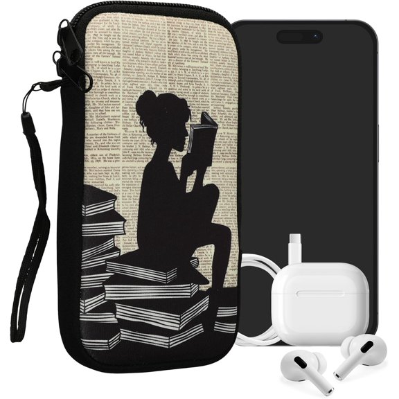 Neoprene Sleeve for Smartphone Size XXL - 7" Shock Absorbing Pouch Case Protective Phone Bag Girl and Books /Beige