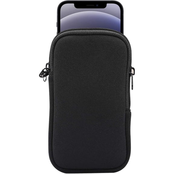 Neoprene Small Size Cell Phone Sleeve, Zip Wallet Pouch with Neck Strap for iPhone 17, 16, 16e, 15 14 Pro, 13 12 Pro Mini 11 SE 3rd G X XS ()