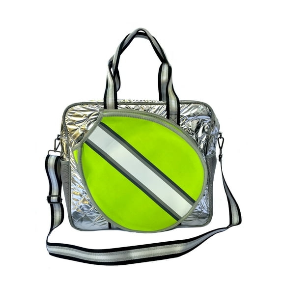 Neoprene Tennis Bags for Women Holds 2 Rackets for Tennis, Pickleball, Racquetball, Squash, Badminton Racquet Bag Teen, Girl Bright green and Silver Puffer