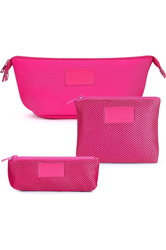 Neoprene Washable Travel Makeup & Bag Set, 2 Air Mesh Pouches, Neoprene Toiletry Bag, Large Water Resistant Travel Bag for Toiletries, Makeup Travel Bag (Fuchsia )
