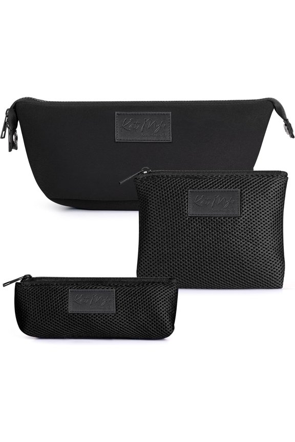Neoprene Washable Travel Makeup &  Bag Set, 2 Air Mesh Pouches, Neoprene Toiletry Bag, Large Water Resistant Travel Bag for Toiletries, Makeup  Travel Bag (Jet Black)