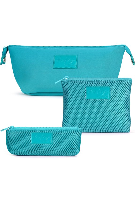 Neoprene Washable Travel Makeup &  Bag Set, 2 Air Mesh Pouches, Neoprene Toiletry Bag, Large Water Resistant Travel Bag for Toiletries, Makeup  Travel Bag (Turquoise)