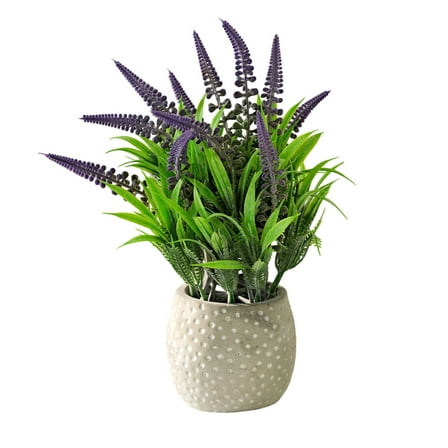 Neorosiri Elegant Simulated Bonsai Decorative Ornament for Home and Office - Soft Green Grass and Amethyst Spike Design in Stylish Dotted Vase