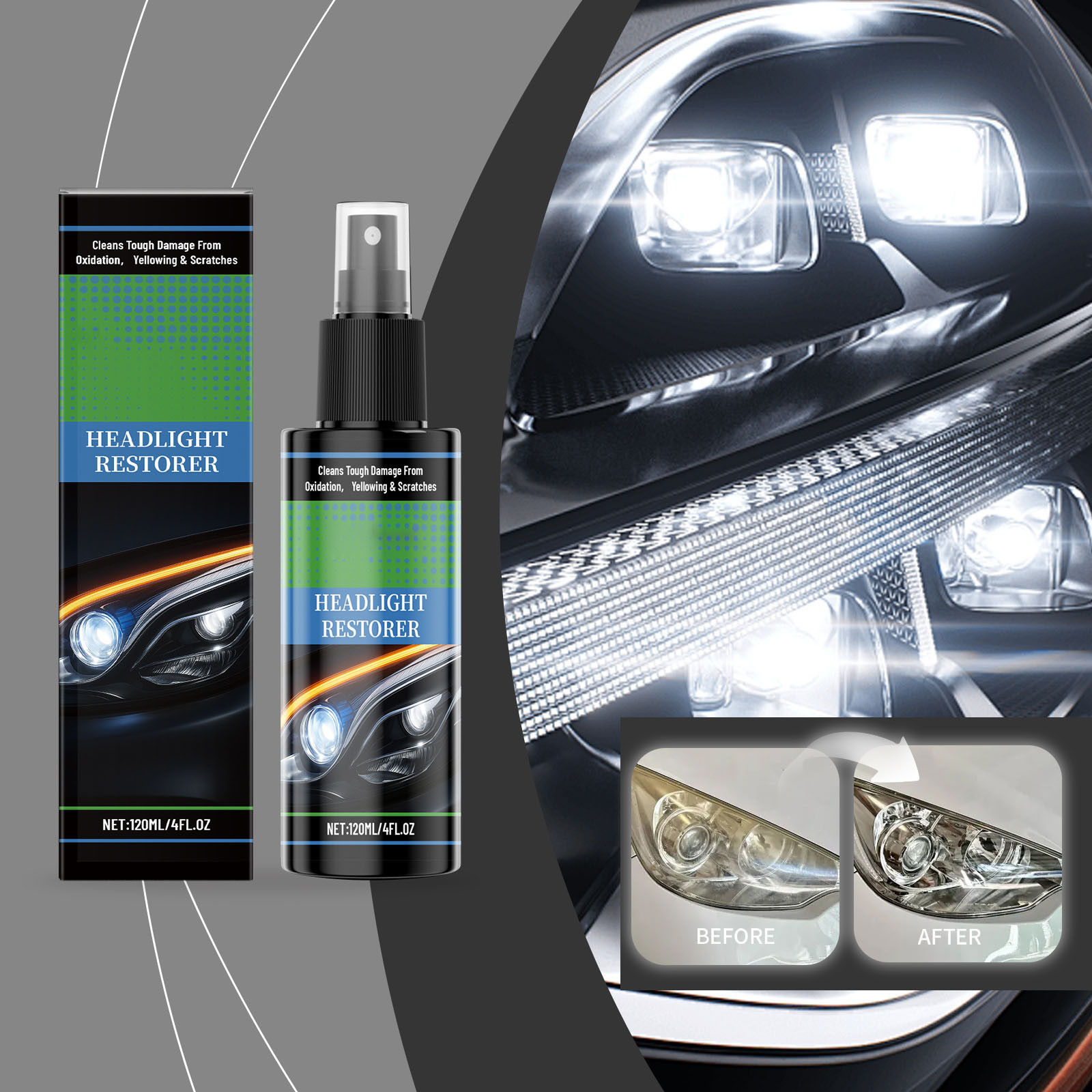 Neorosiri Headlight Restoration Spray,Ceramic Coating,Car Care Hydrophobic Layer,Oxidation Removal,120ml Scratch Protection Formula