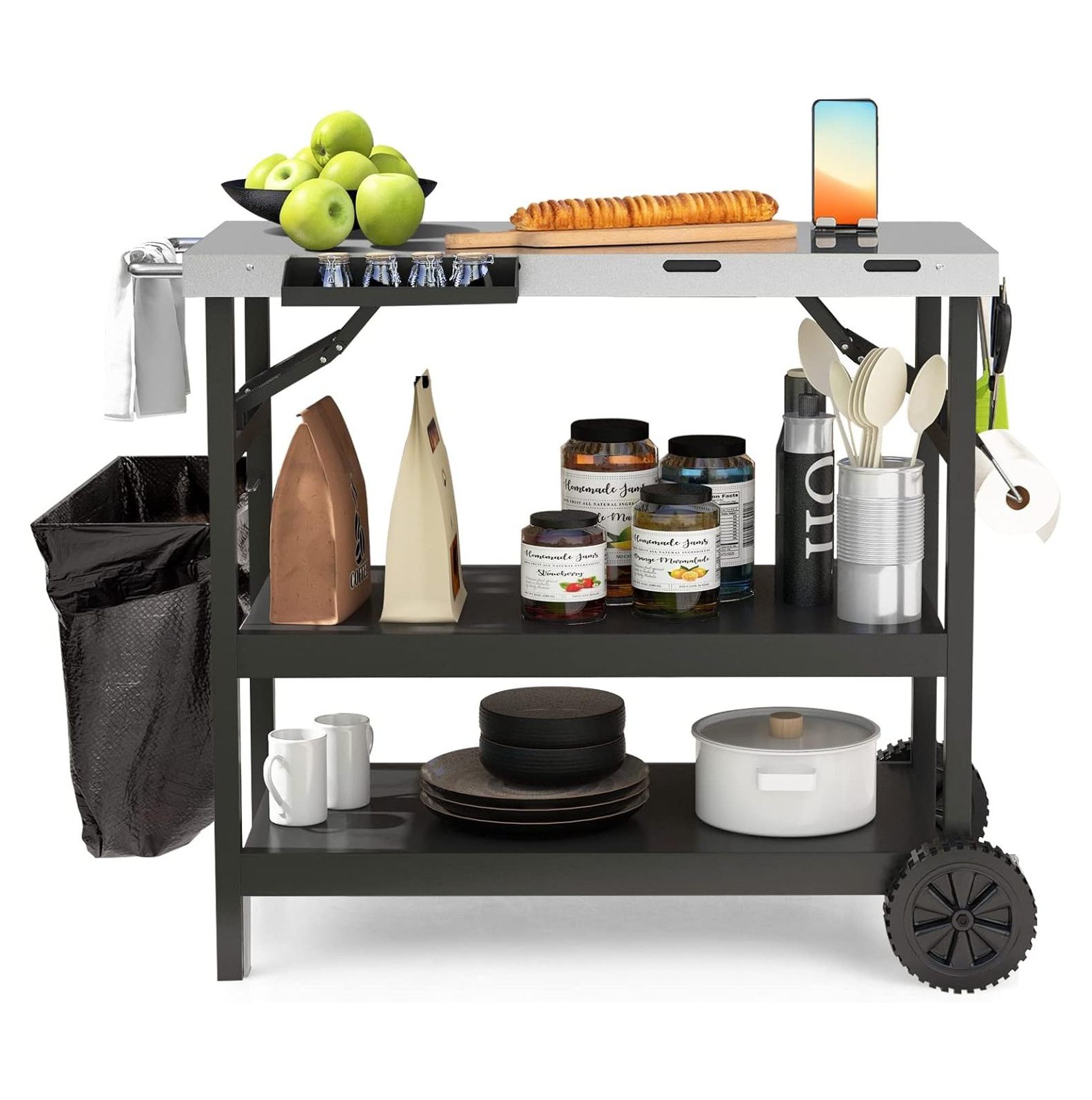 NeosKon 3Shelf Outdoor Grill Dining Cart, Movable Food Prep Cart Table