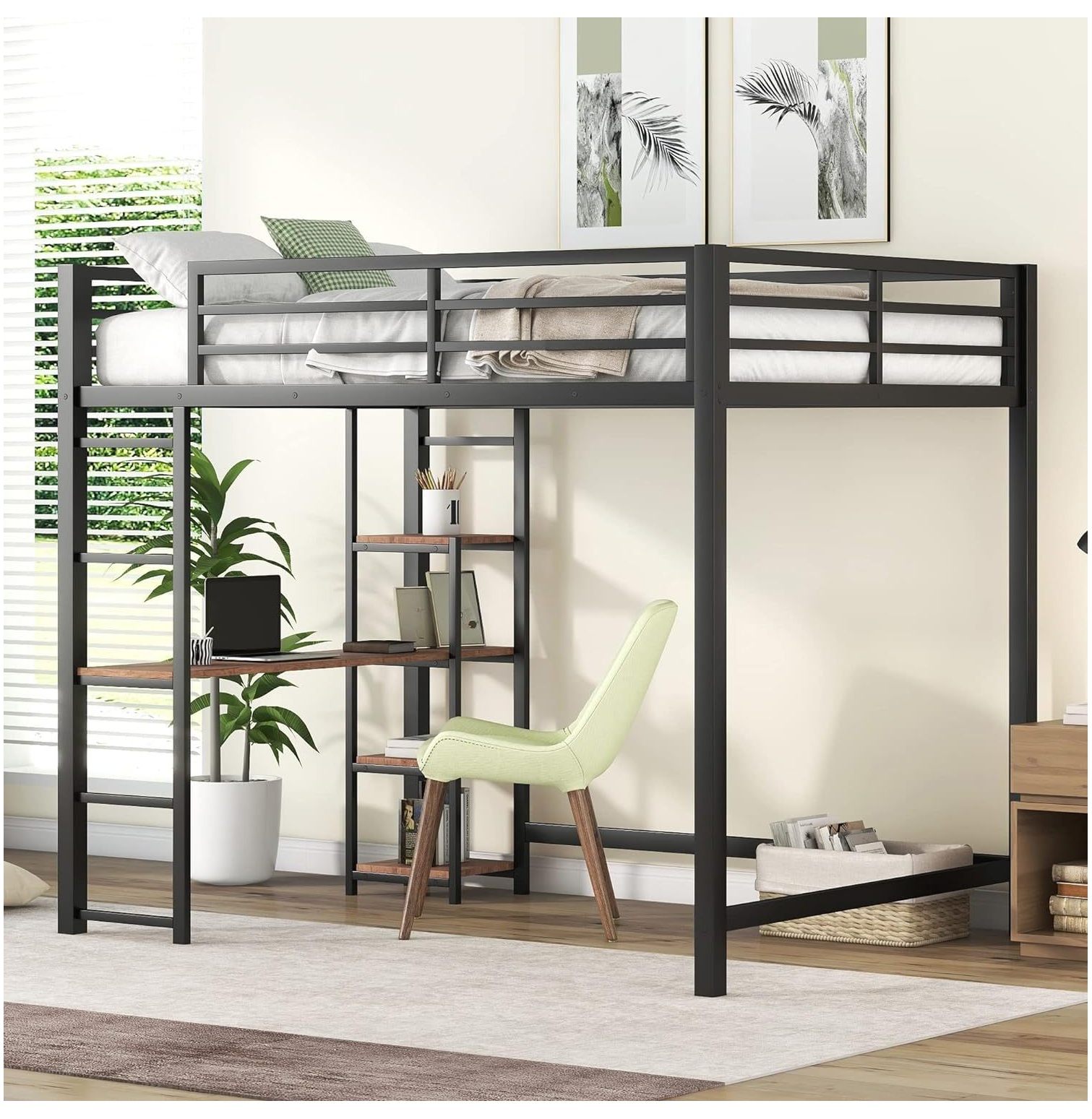 NeosKon Full Size Loft Bed, Metal Full Loft Bed Frame with Builtin