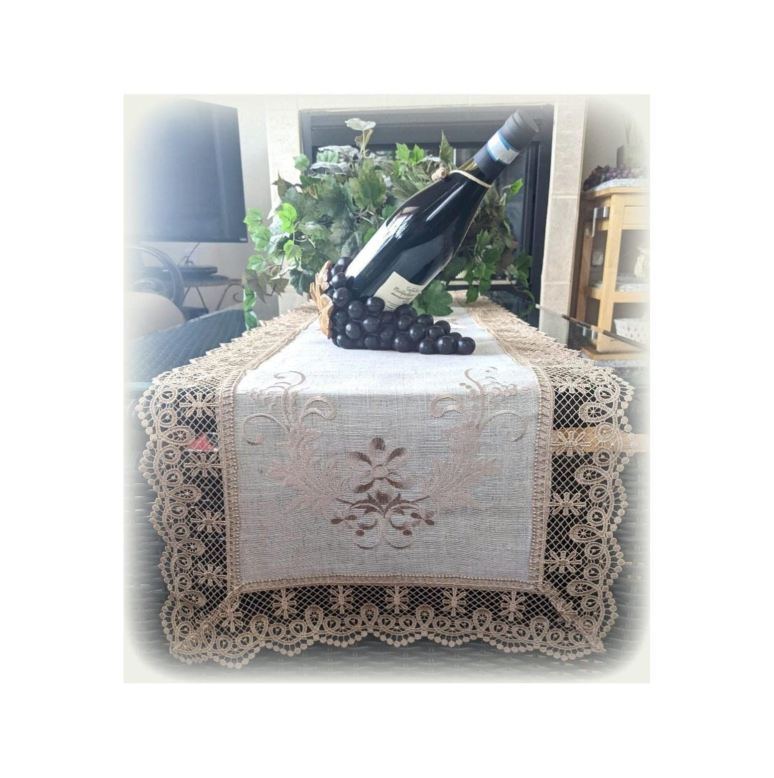 NeosKon Lace Embroidered Dresser Scarf Table Runner Natural Beige Neutral 34 inches x 16 inches
