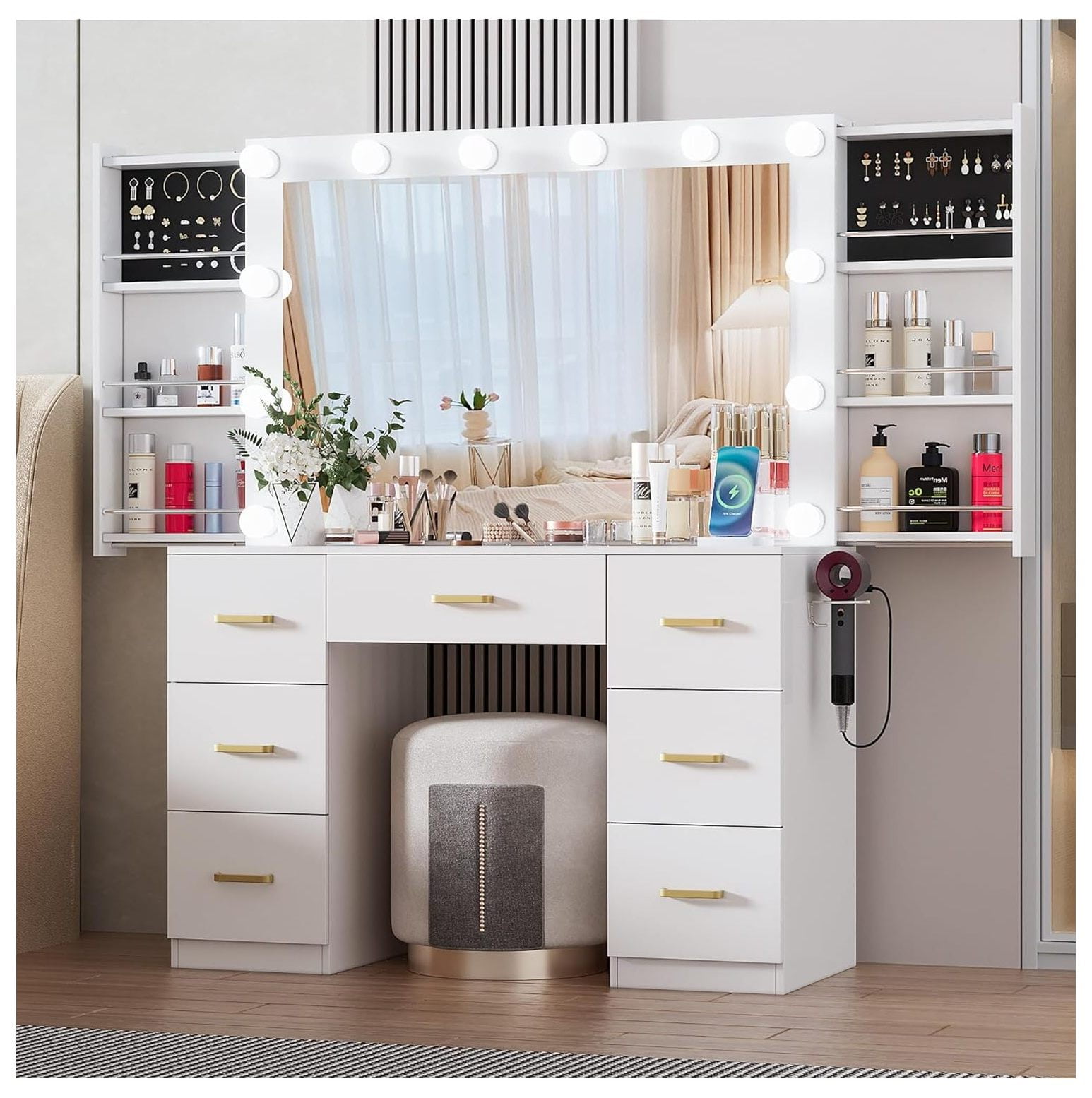 NeosKon Large White Makeup Vanity Desk with Lighted Mirror & Power 