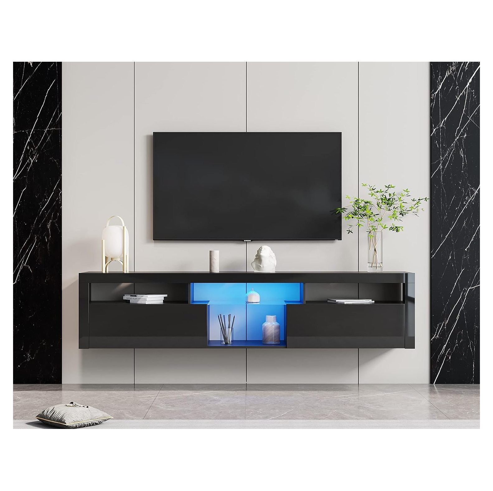 NeosKon Modern LED Floating TV Shelf Wall/Floor Mounted Media Console