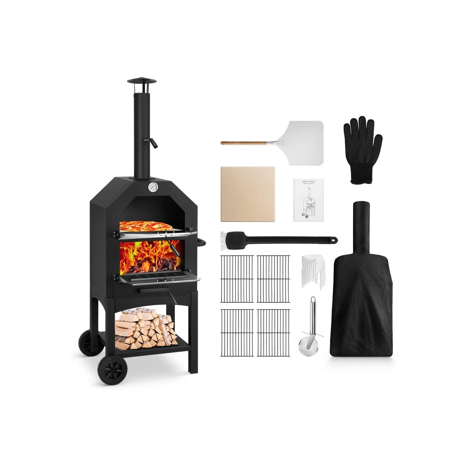 NeosKon Outdoor Pizza Oven, Wood Fired Pizza Oven for Outside, Patio Pizza Maker with Pizza