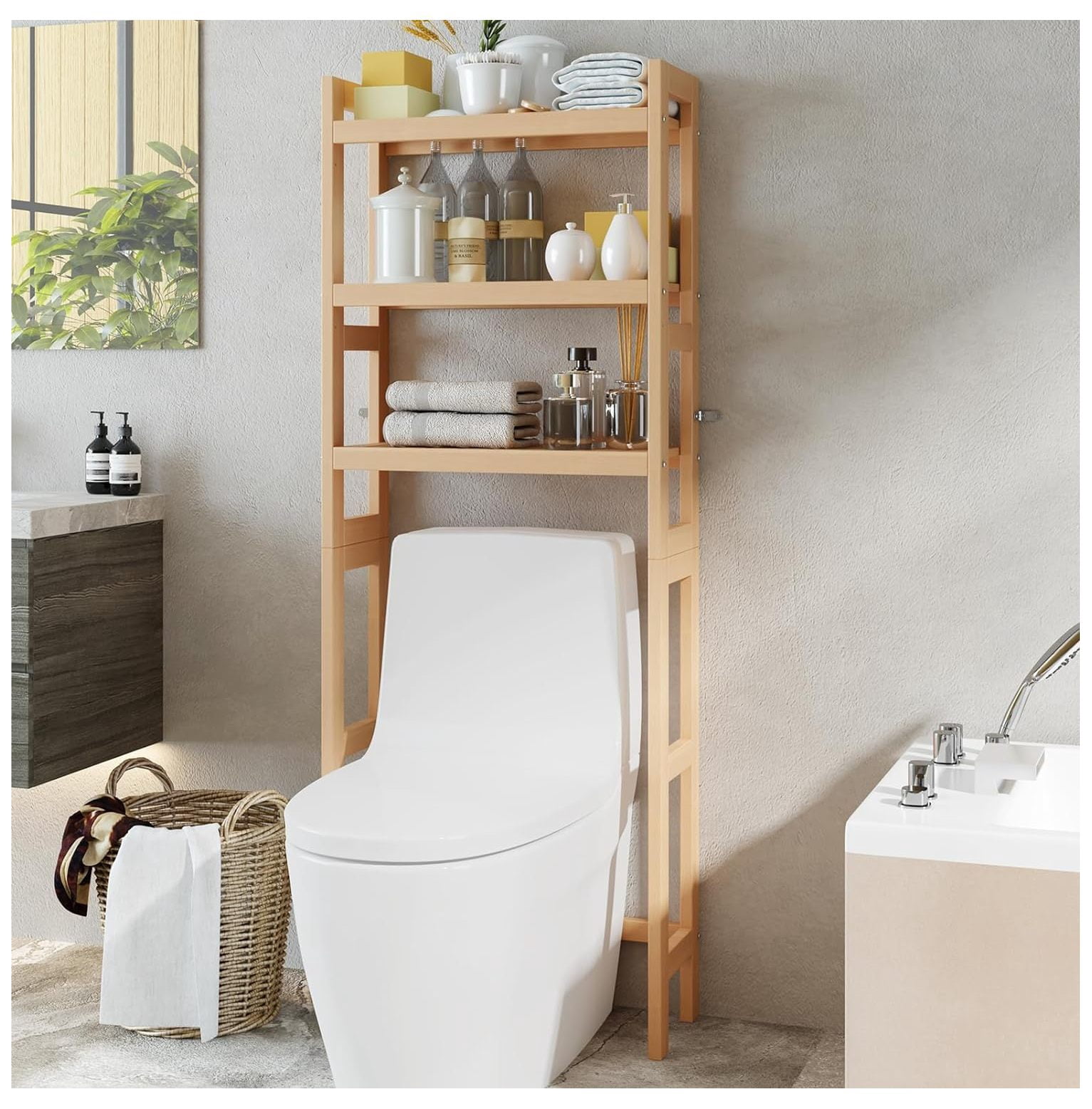 NeosKon Over The Toilet Storage Shelf, Lumber, 3Tier Bathroom
