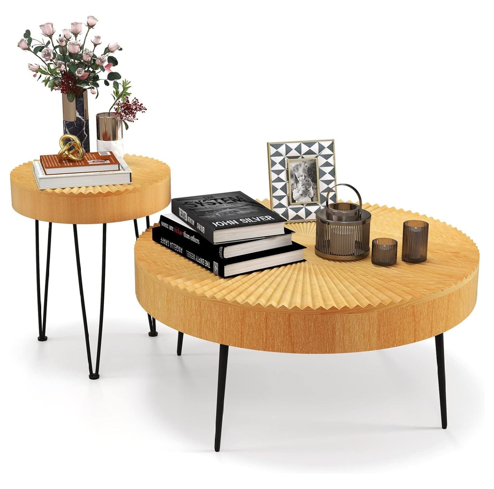 NeosKon Round Coffee Table Set of 2, Modern Farmhouse End Tables with