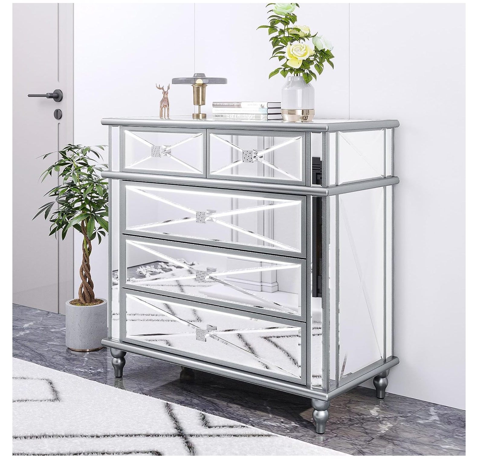 NeosKon Silver Mirrored Dressers for Bedroom 5 Drawer, 35" Accent Chest