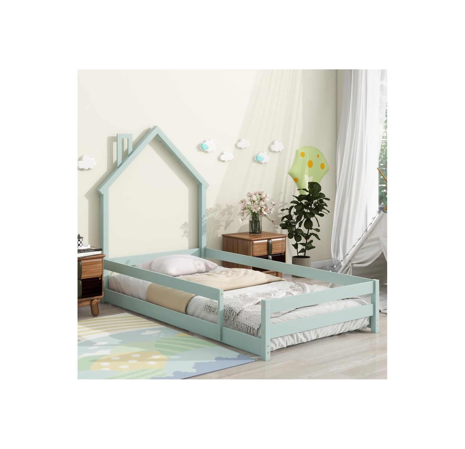 NeosKon Size Wood Floor Bed with HouseShaped Headboard Floor Bed with