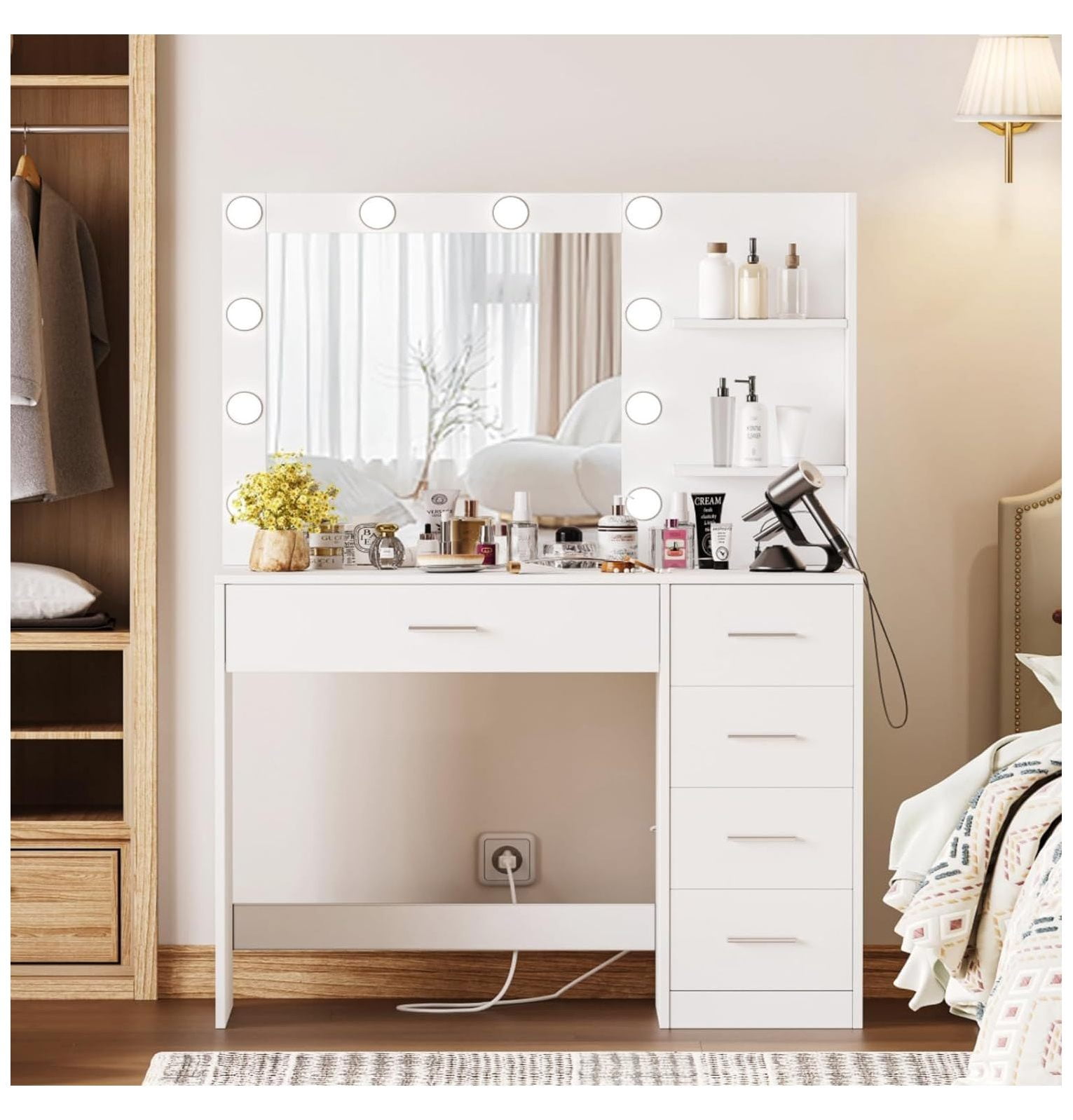 NeosKon Vanity Table with Mirror and Lights, 3 Lighting Colors, Bedroom