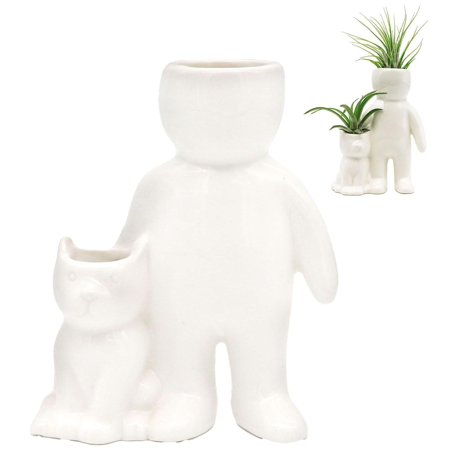 NeosKon White Ceramic Person with Cat Shaped Air Plant Holder (Air