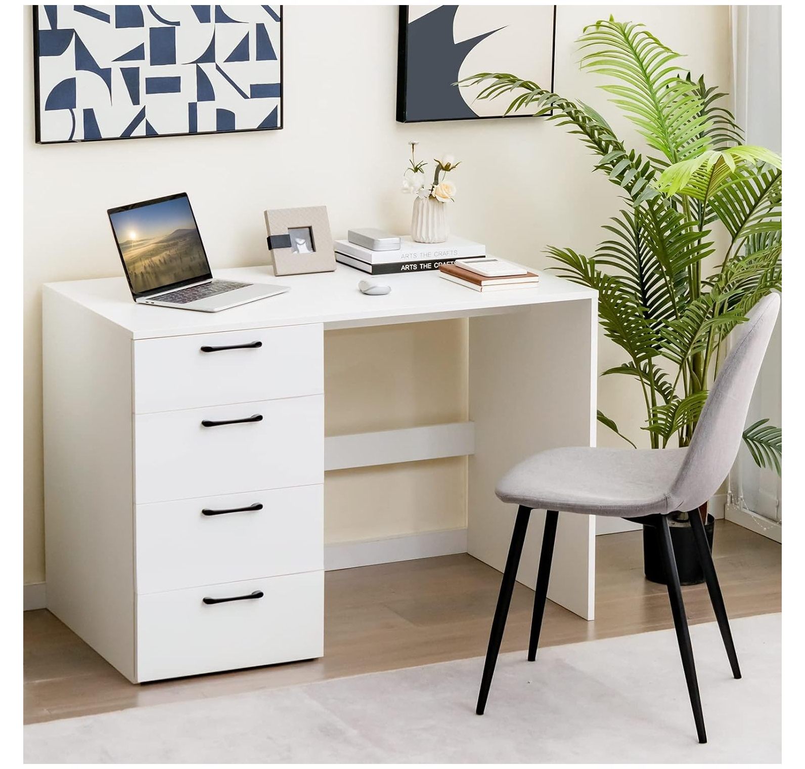 NeosKon White Computer Desk, 43.5’’ Writing Desk with 4 Large Drawers