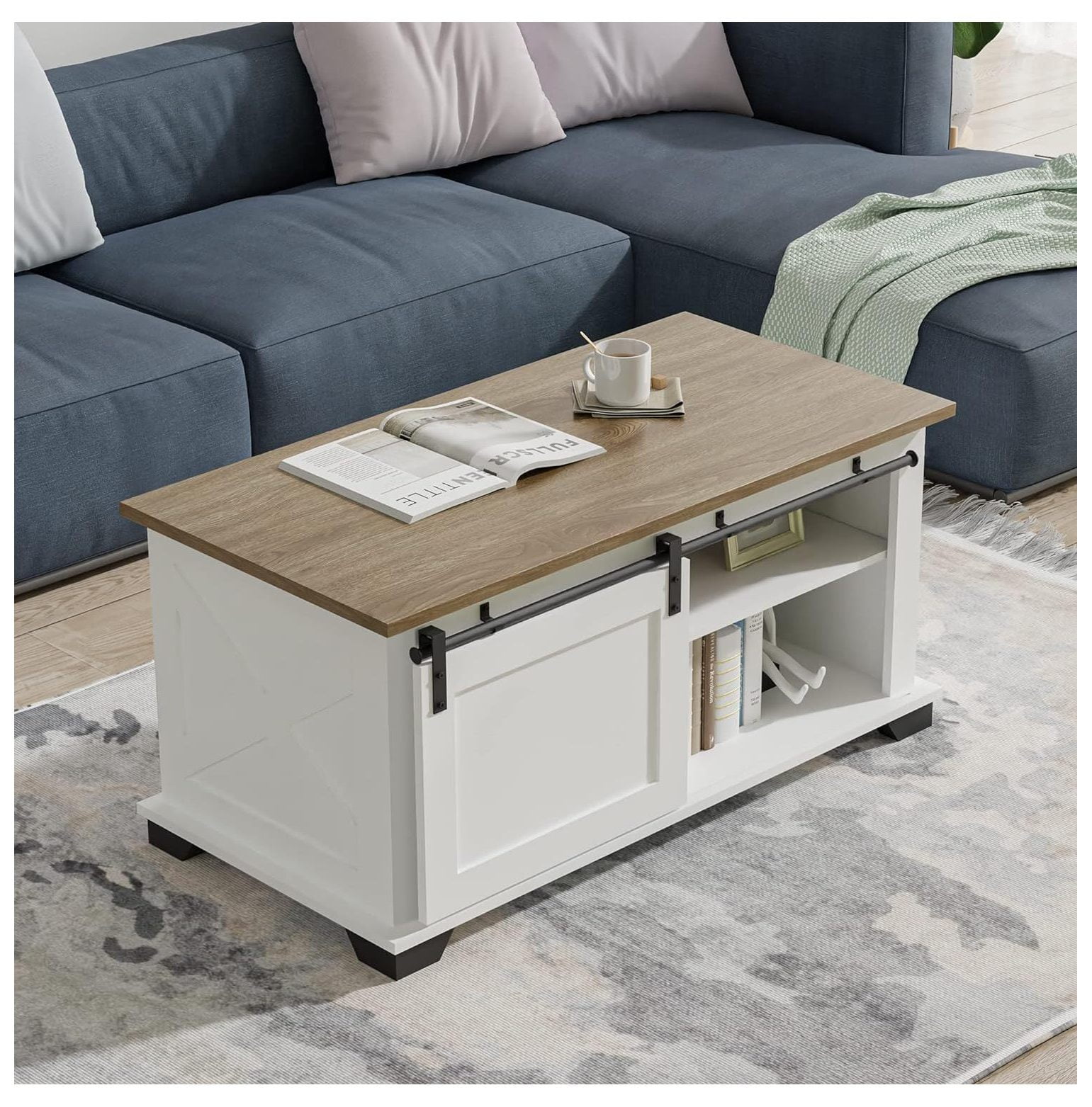 NeosKon White Farmhouse Coffee Table, Modern Living Room Table with